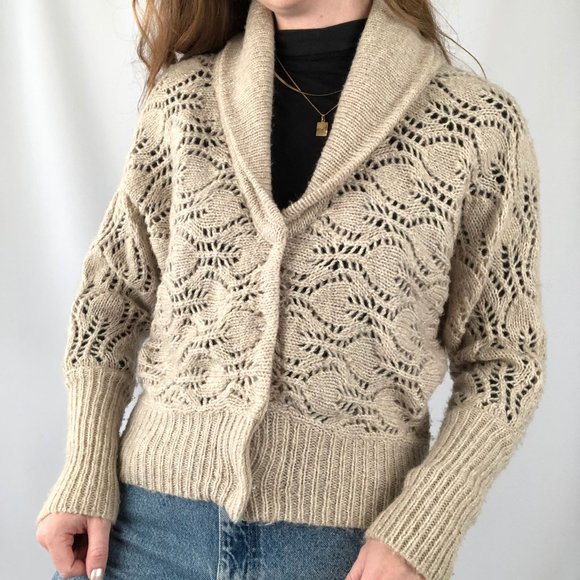 Free People Oversized Wool Open Crochet Cable Knit Cropped Cardigan Sweater Boho - Picture 5 of 9